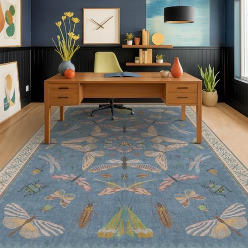 Hazo Haus 6x8 Blue Floral Area Rug for Living Room, Bedroom & Dining Room Table, Washable Non Slip Lightweight Foldable