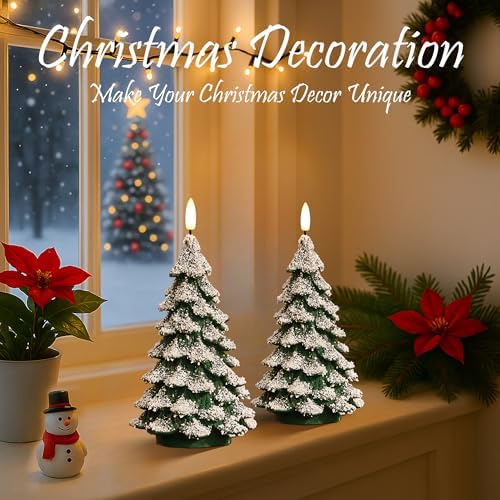 Christmas Tree Candles Covered in Snow with Remote, 2 Pcs Waxy LED Flameless Candles Flickering, Green Electric Candles Battery Operated for New Year Celebration Holiday Decorations 8.5 Inches