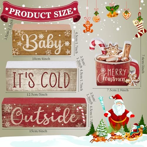 Moucuny 4 Pcs Christmas Table Decorations Indoor, Hot Cocoa Wood Block Sign