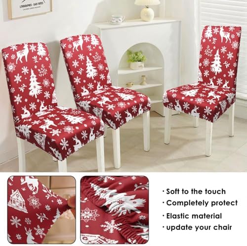 Red Christmas Chair Covers Set of 4,Winter Christmas Tree Snowflake Elk Chair Protectors,Elastic Removable Washable Dining Chair Covers for Winter Christmas Kitchen Dining Room Holiday Decor