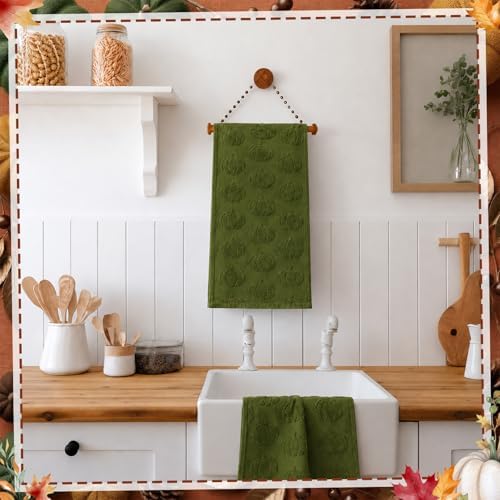 Mindsoft 2 Pcs Fall Hand Towels 3D Pumpkin Jacquard,Moss Green