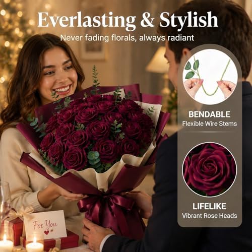 60 Pcs Burgundy Velvet Artificial Roses Flowers Real Looking Silk Faux Roses Bulk Long Stems for Wedding Centerpieces,DIY Floral Arrangements,Home Decor,Anniversary,Valentine's Day