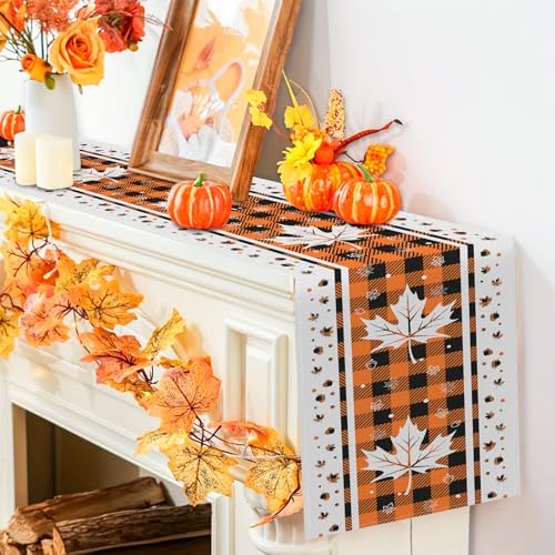Niviy Maple Leaves Fall Table Runner with Buffalo Plaid, 13 x 108 Inch Seasonal Autumn Thanksgiving Table Decoration for Home Kitchen Dining Outdoor Indoor Holiday Farmhouse Decor