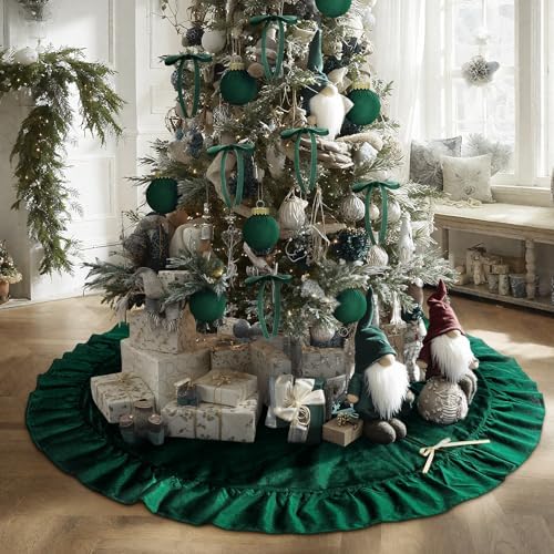 Velvet Christmas Tree Skirt, 60 Inches, Bow Style, Dark Green