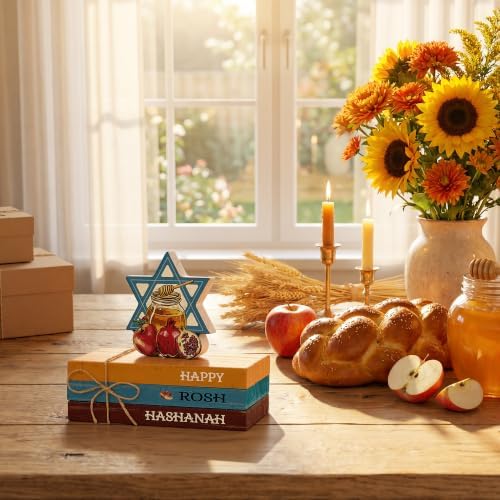 Smile Rosh Hashanah Wooden Faux Book Stack Decor for Jewish New Year