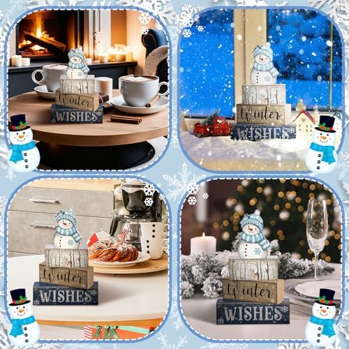 Lineshading 4 Pcs Christmas Table Decor Snowman Wooden Block Signs