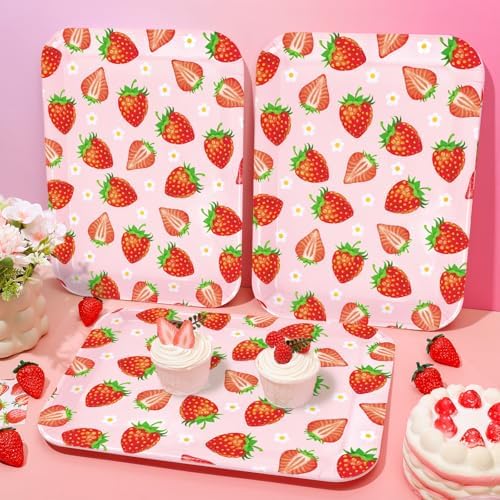 JarThenaAMCS 3Pcs Strawberry Serving Trays Red Pink Berry Flower Platter Cute Fruit Serving Dishes for Birthday Baby Shower Party Sharing Snacks Fruit Dessert Candy