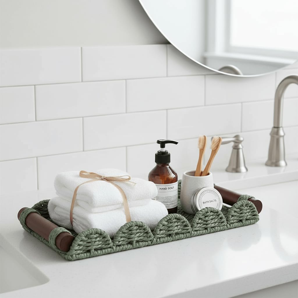 Scalloped Decorative Tray w/Wood Handle for Counter / Green / 13 x 6.3 x 1.6