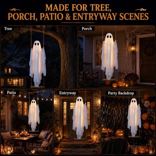Halloween Hanging Swinging Ghost, Light Up Ghost Porch Decor with IP65 Remote String Lights, Halloween Outdoor Spooky Ghosts Decoration for Front Porch Tree Yard Entryway
