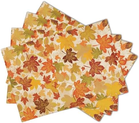 Fall Placemats Set of 4 18x12 Inch Autumn Maple Leaves Linen Place Mats Heat-Resistant Washable Wipeable Orange Season Holiday Table Mat for Party Kitchen Dining Room Dinner Table Decor