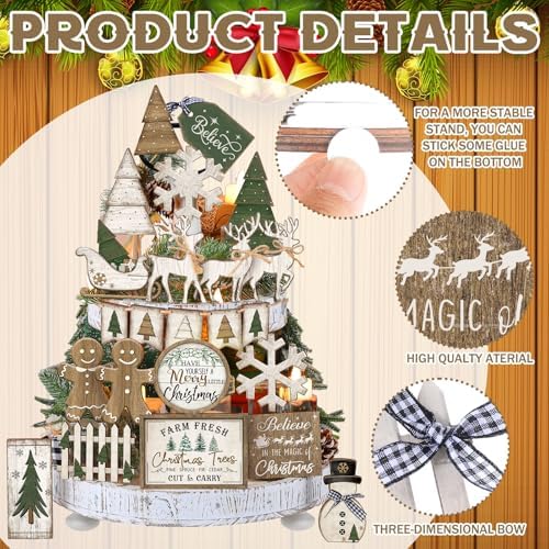 Shellwei 22 Pcs Christmas Tiered Tray Decor Set Wood Rustic Gingerbread Christmas Decoration Winter Farmhouse Decor Xmas Trees Gnome Elk Snowflake Signs for Table Shelf Home Centerpiece (Fresh)