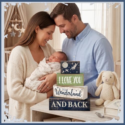 Lineshading 4 Pcs Wooden Farmhouse Block Signs Tiered Tray Decor, Newborn