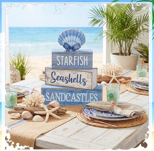 Moucuny 4 Pcs Beach Wooden Signs Table Decor with Shell, Tiered Tray