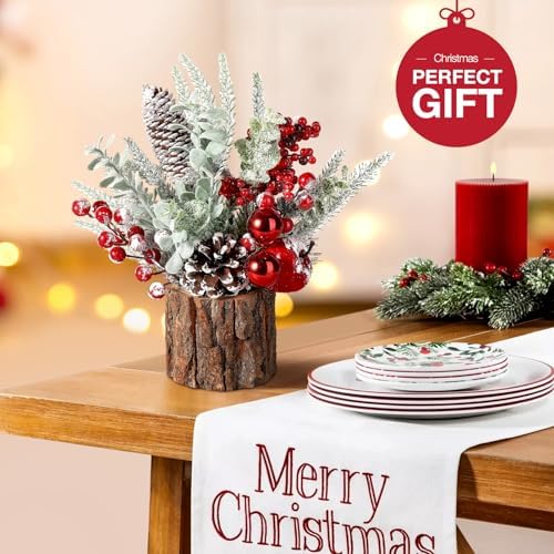 Hatisan Small Christmas Tree with Christmas Ornaments Pine Cone Berry, Tabletop Artificial Christmas Tree for Christmas Decorations Home Room Party Winter Indoor Outdoor(2 Pack Red-Round)