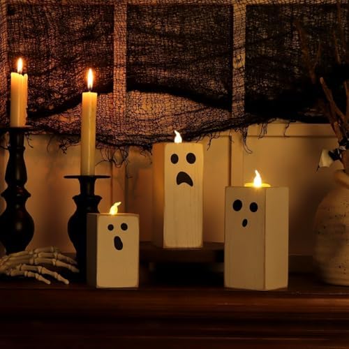 Halloween Decorations: 3pcs Cute White Ghost Decor, Farmhouse Wooden Ghost Sign with Flameless LED Tea Lights, Rustic Room Decor for Kids Home Office School Desk Fireplace