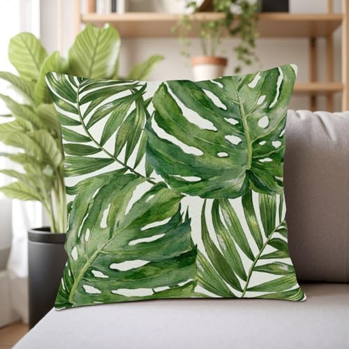 Summer Tropical Pillow Covers 18x18 Set of 2 Green Palm Leaf Decorative Throw Pillows Case Monstera Botanical Leaves Tropical Outdoor Cushion Cover for Sofa Couch Garden Home Decor