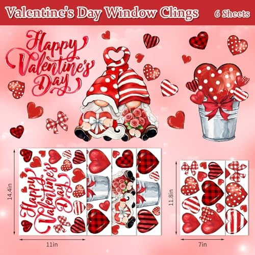Whaline 6 Sheets Valentine' s Day Window Clings Romantic Red Stripe Heart Potted Gnome Windows Decor Reusable Anti-Collision Glass Stickers for Wedding Anniversary Home Party Supplies