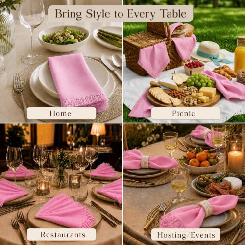 CLOUDLOOM 100% Cotton Fringe Cloth Napkins, Baby Pink, Set of 6, 20"x20"