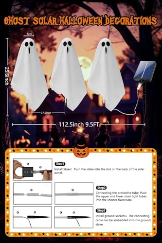 3-Pack & Solar Powered Ghost Halloween Decorations Outdoor, Auto On/Off