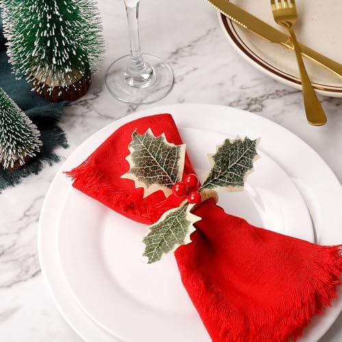 wonlex Farmhouse Napkin Ring Buckle Set of 12, Natural Rustic Serviette Buckles Holder for Table Decoration, Wedding, Thanksgiving Day,Christmas(Holly)