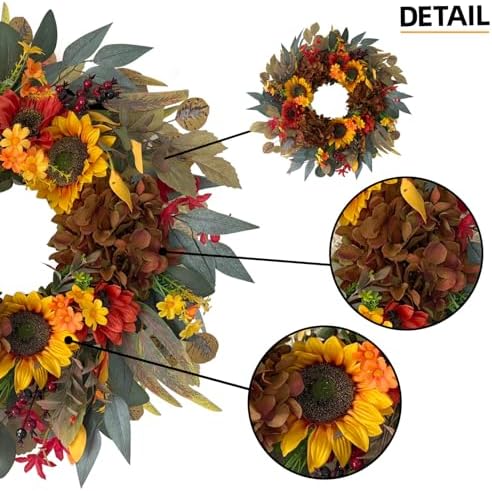 HipTree 24 Inch Fall Sunflower Hydrangea Wreath Autumn Front Door Wreath
