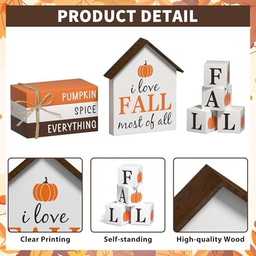 Fall Decorations Pumpkin Faux Books, 8 Pcs Fall Tiered Tray Decor Book Stack Wooden Signs, Farmhouse Rustic Wooden Decor for Home Kitchen Office Table