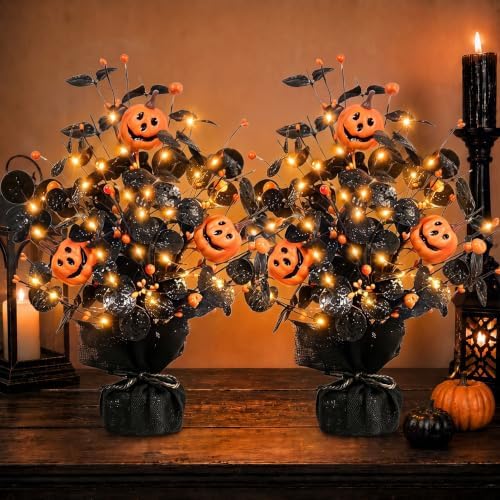 2Pack Lighted Halloween Table Tree, Halloween Pumpkin Decorations for Home