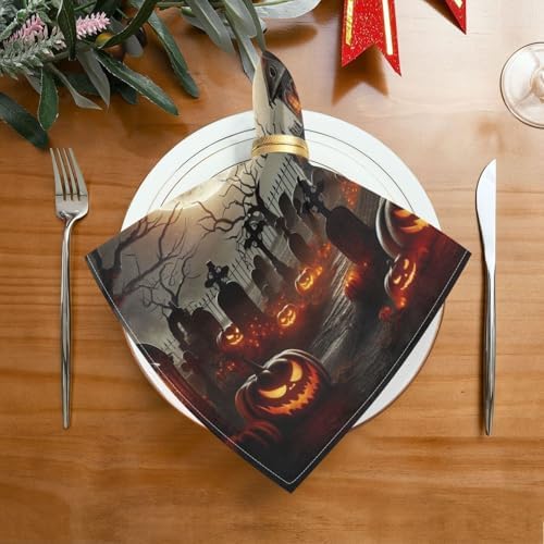 Halloween Witch Cemetery Cloth Napkins 20x20 Inch, 4 Pack Washable Dinner Napkins Reusable Napkins for Banquets, Weddings, Holiday, Party and Daily Use