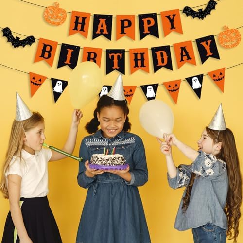PTFNY Halloween Birthday Banner with Pumpkin and Bat Signs - Black & Orange Themed Party Decor for Wall & Fireplace