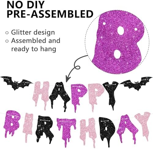 Glitter Pink Purple Black Happy Birthday Halloween Banner - NO DIY - Halloween Hanging Paper Garland Bunting Banner Decorations, Party Supplies for Kids Boy Girl Birthday