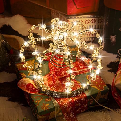 LAWOHO Christmas Tree Topper Star, Jeweled Crown with 60 Warm White LED USB Lighted Tree Topper, Xmas Tree Decor with Remote Control 8 Lighting Mode, Timer, Dimmer for Christmas Tree Ornament（Silver）