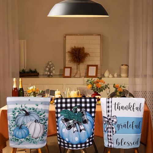 6 Pcs Fall Chair Covers, Blue Pumpkin Dining Chair Slipcovers