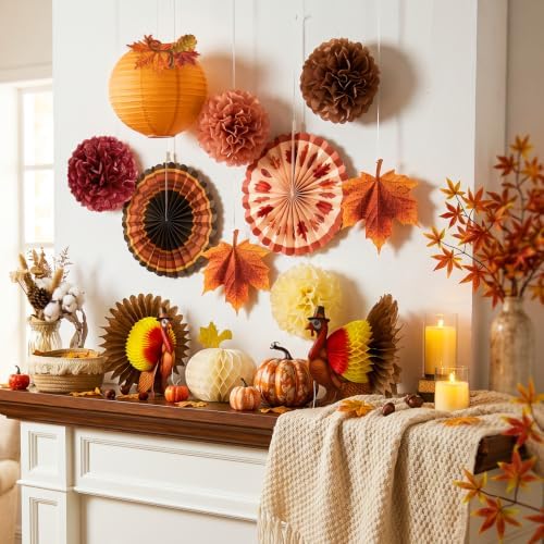 Paper Jazz Thanksgiving Hanging Decorations with Paper Turkey Friendsgiving Party Decoration with Fall Pompom Pumpkin Honeycomb Decor for Harvest Fall Decorations for Home Autumn Backdrop
