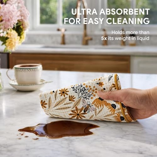 RECYCO Waffle Kitchen Towel Set of 2 - Quick Dry Microfiber Sustainable Dish Towels - Ultra Absorbent Reusable Cleaning Tea Towels - Lightweight Hand Towels,16”x 28”, Joyful Bees