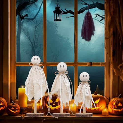 Wooden Ghost Halloween Decorations Indoor– Set of 3 Sizes Rustic Shelf Sitters with Fabric Ghost Figures – Halloween Table Decor for Tiered Tray, Mantel, Halloween Party Supplies（White）