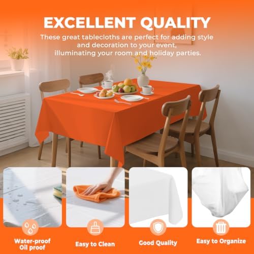6 Pack Premium Disposable Plastic Tablecloth 54" x 108" Party Table Cloths Disposable for 6 to 8 Foot Tables Indoor or Outdoor Birthdays Weddings Christmas Anniversary Buffet Table (Orange)