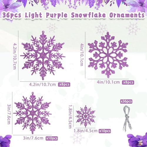 36pcs Christmas Light Purple Snowflake Ornaments，Plastic Light Purple Snow Flakes Hanging Ornaments for Christmas Tree Decor Winter Wonderland Frozen Birthday Party Holiday Home Decor Craft Snowflake