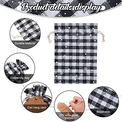 Shappy 24 Pcs Christmas Drawstring Gift Bags Xmas Buffalo Plaid Burlap Advent Bags 10 x 8 Inches Linen Treat Candy Bag with 32.8 ft Rope 24 Card(Black White Snowflake)