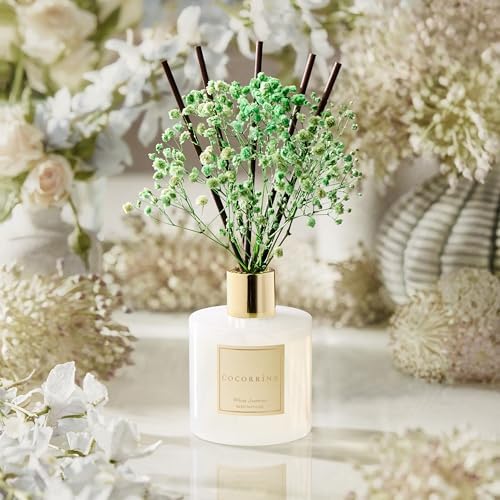 COCORRÍNA Reed Diffuser - White Jasmine 6.7 Fl.oz Reed Diffuser Set with Sticks & Preserved Baby's Breath, Reed