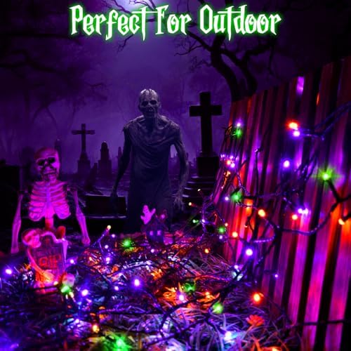 Halloween Lights String Total 100LED Battery Operated Outdoor 8 Modes with Timer 16.4Ft*2, 50LED*2 Waterproof Fairy Lights Indoor for Halloween Decor, Orange&Purple&Green, 2-Pack