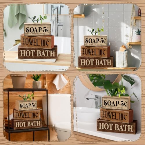 Moucuny 4 Pcs Rustic Bathroom Shelf Decor Wooden Block Signs, Farmhouse