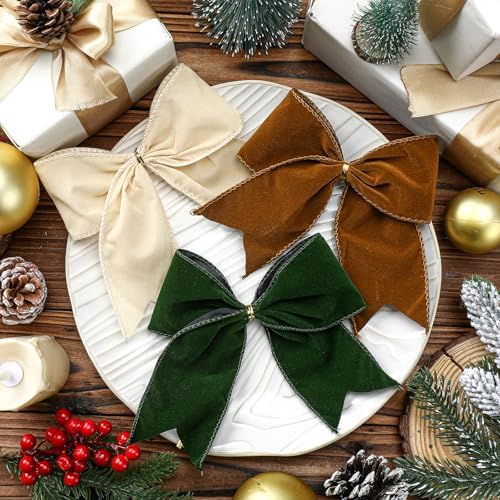 Janinka 12 Pcs Christmas Velvet Bows Milky White Brown Green 6 Inch