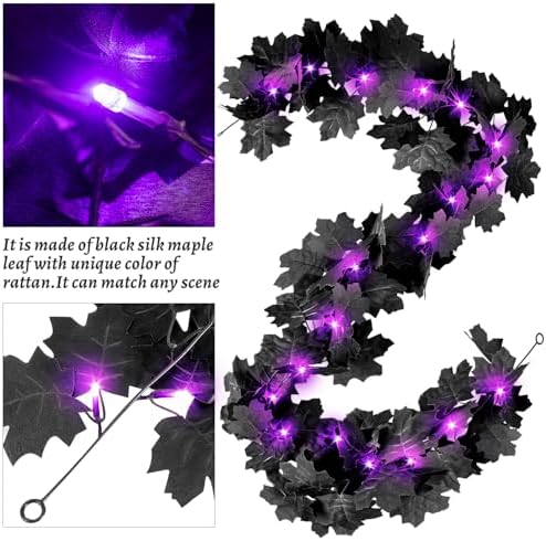 Halloween Black Leaf Garland with Purple Lights, 2 Pack