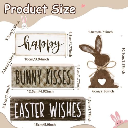 DIYDEC 4Pcs Easter Tabletop Decorations Bunny Wooden Block Signs Gift Rustic Tiered Tray Decor Happy Easter Centerpiece Farmhouse Wood Rabbit Table Sign for Kitchen Home Office Party Decor