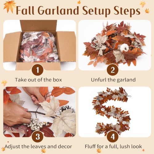 6 Ft Fall Garland with Lights & Timer, Thanksgiving Fireplace Mantel Decor