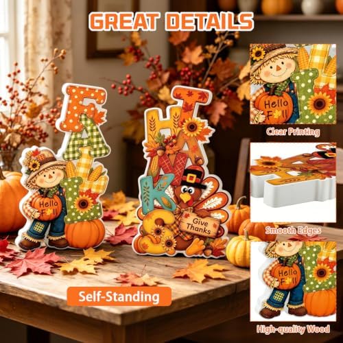 Fall Thanksgiving Table Decor 2 PCS Wooden Fall Scarecrow Turkey Decor