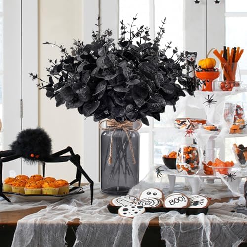 DIYDEC 12Pcs Black Eucalyptus Stems Flowers with Glass Vase for Table Decor