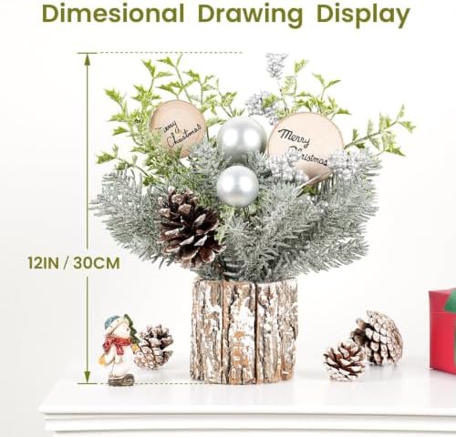 Small Table Top Christmas Tree with Lights, Mini Christmas Tree Decorations with Merry Christmas Pine Cones Berries Balls Ornaments for Home Party Office Centerpiece Indoor Decorations 12Inch, Silver