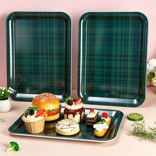 JarThenaAMCS 3Pcs Green Blue Tartan Plaid Serving Trays Vintage Plaid Reusable Serving Dishes Melamine Platter for Christmas Birthday Baby Shower Party Sharing Food Supplies
