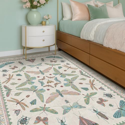 5x7 Pink and Green Nursery Rug - Colorful Rug for Playroom, Bedroom, Living Room, Insect Butterfly Floral Non-Slip Soft